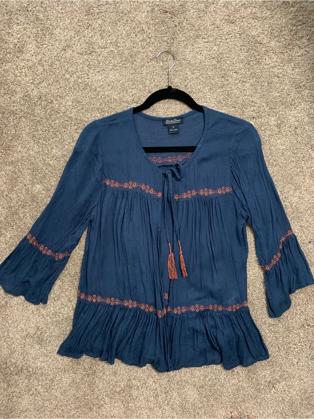 Lucky Women’s Embroidered Blue Boho Bohemian Peasant Cardigan Tassel Ties Medium